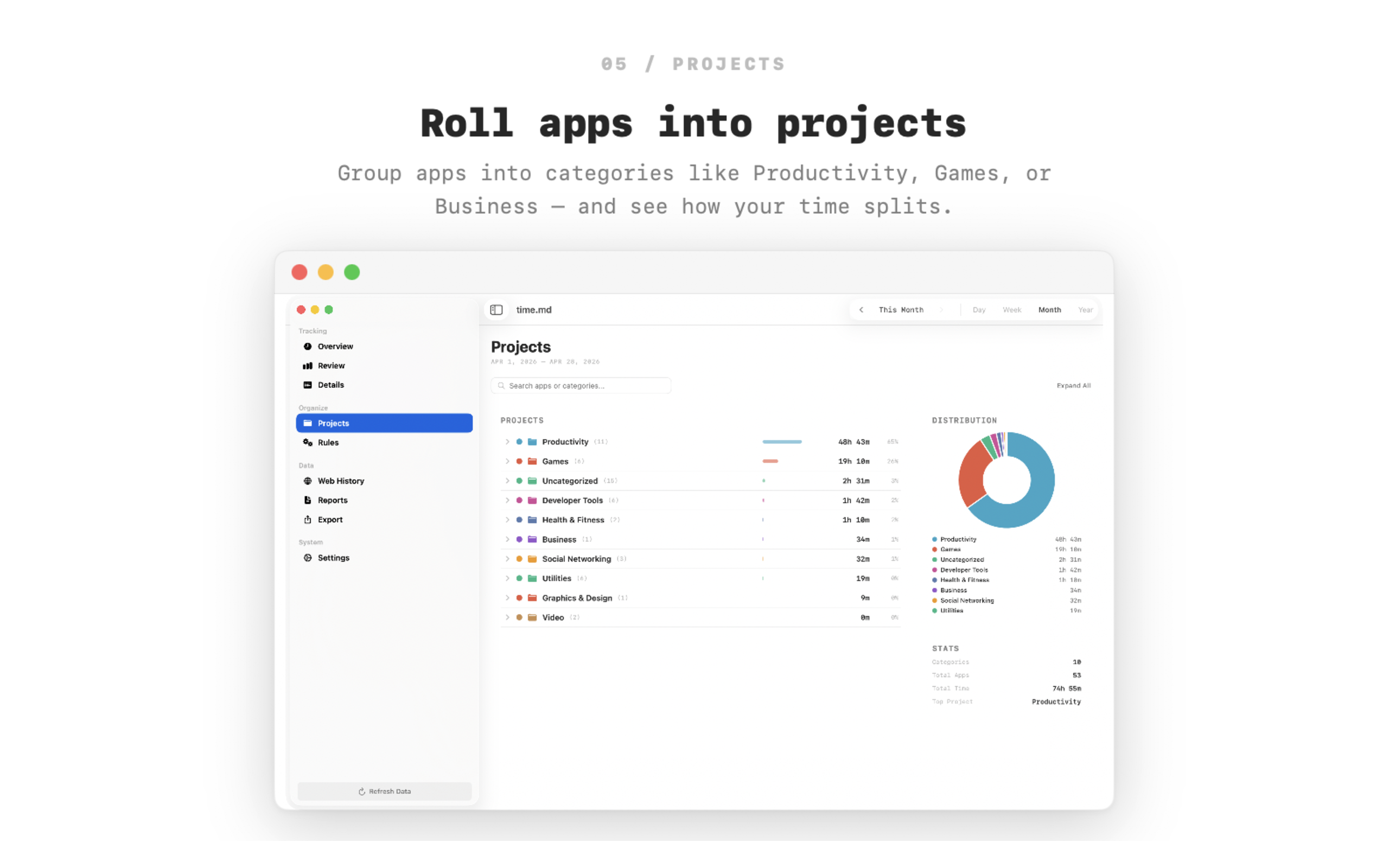 Projects — roll apps into productivity, games, business categories