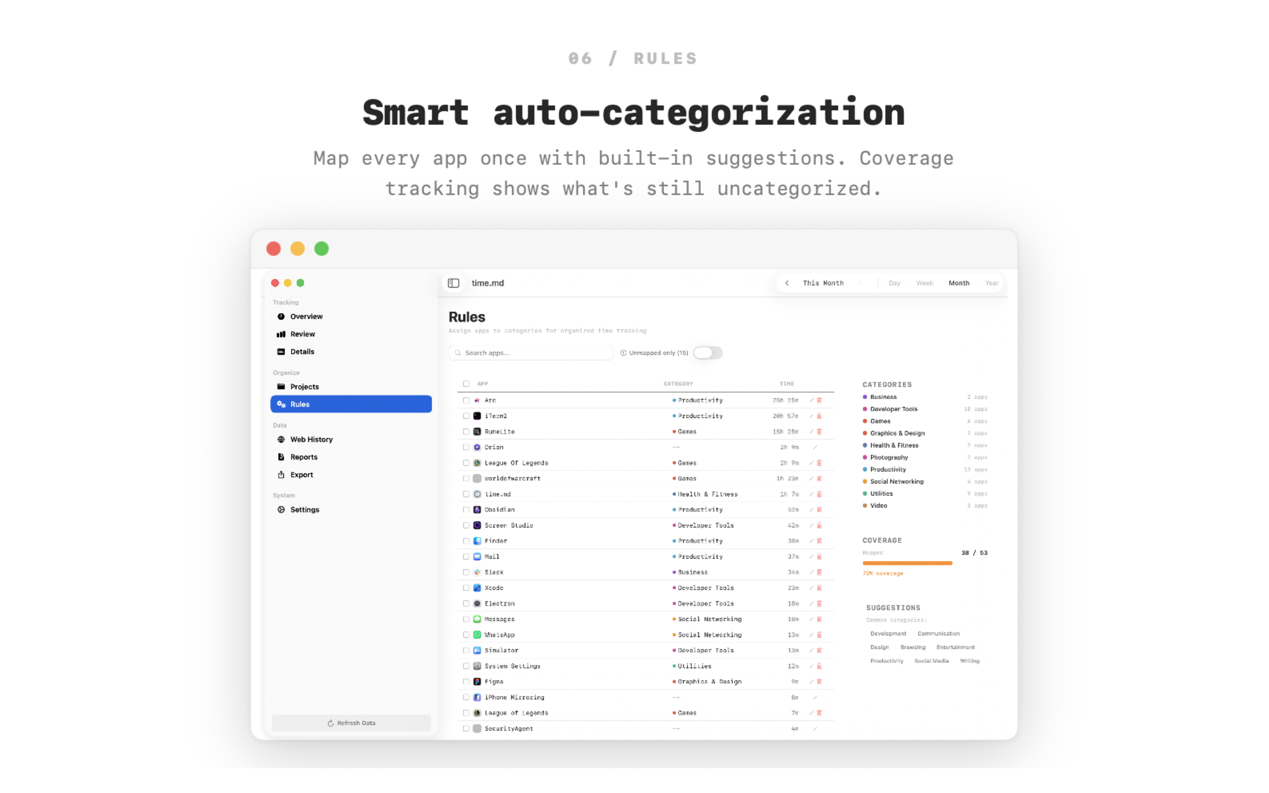 Rules — smart auto-categorization with built-in suggestions
